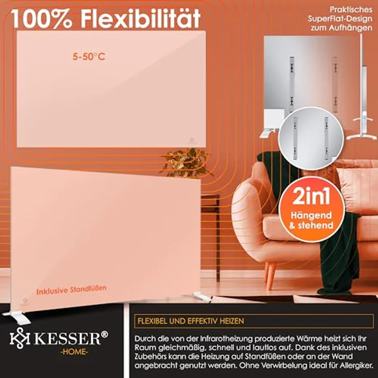 KESSER® Infrarotheizung 520W Aluminiumheizung 2in1 Standgerät & Wandmontage mit Fenstererkennung & App-Steuerung - Thermostat Infrarot Heizpaneel in Silber – Bild 4