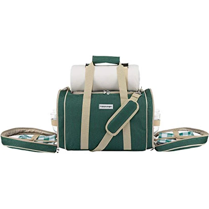 Anndora Picknick Kühltasche Decke Geschirr Besteck 4 Personen dunkelgrün beige – Bild 4