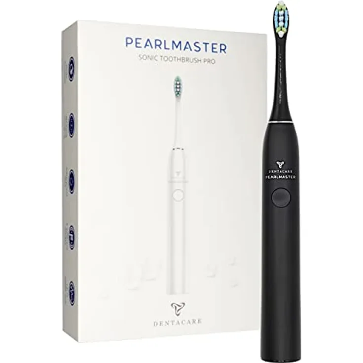 DENTACARE PEARLMASTER Professionelle elektrische Schallzahnbürste (schwarz) mit Lithium-Ionen-Akku, zwei Optimal Clean Bürstenköpfen, Netzadapter, induktiver Ladeschale und Tastensperre.