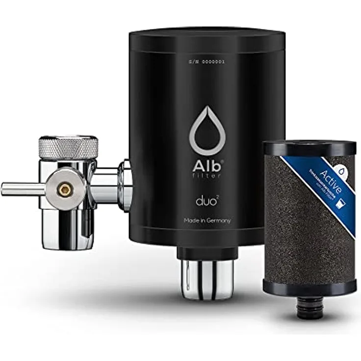 Alb Filter® Duo Active, Trinkwasserfilter Set mit Edelstahl-Gehäuse und Kartusche, filtert Schadstoffe, Chlor, Blei, Pestizide, Mikroplastik, Schwarz, Made in Germany