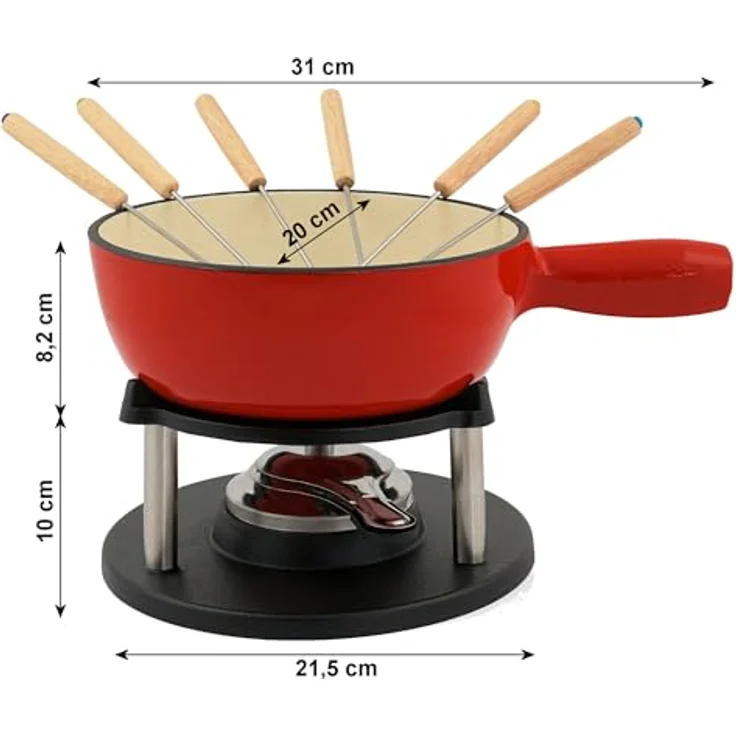BBQ-Toro Gusseisen Fondue Set für 6 Personen | 2 Liter | Fondueset 9 teilig mit Brenner und Gabeln | Fondue-Set, Käsefondue Set, Fleischfondue Set, Schokofondue Set (rot/creme emailliert) – Bild 3