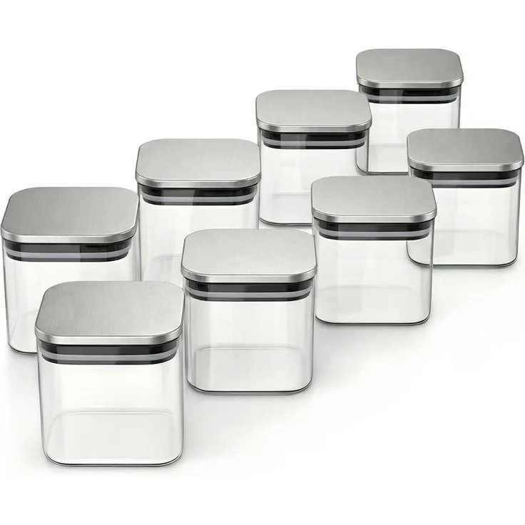 Arendo Vorratsgläser Set 8x 0,8 L Borosilikatglas, eckig, luftdicht mit Edelstahldeckel, mikrowellengeeignet, umweltfreundlich, transparent-silber