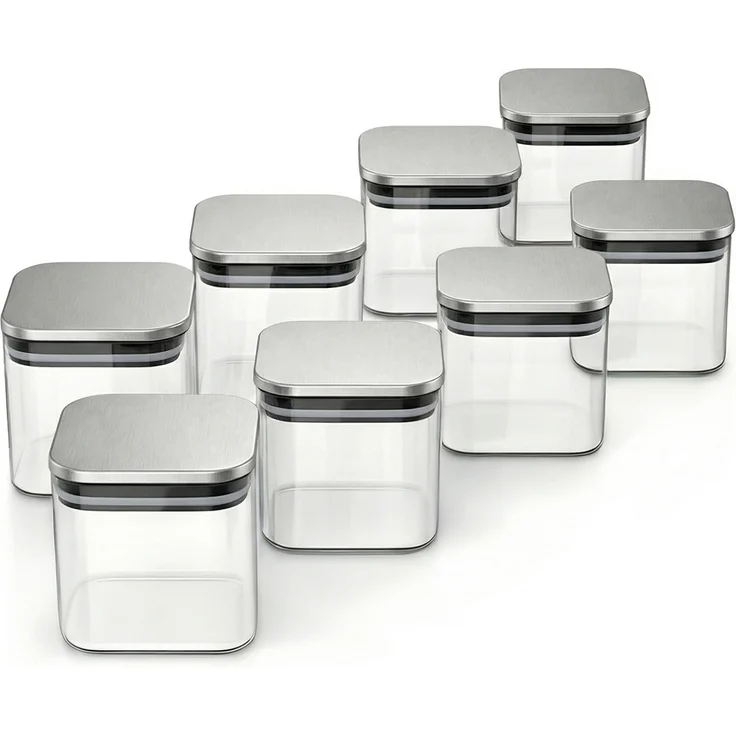 Arendo Vorratsgläser Set 8x 0,8 L Borosilikatglas, eckig, luftdicht mit Edelstahldeckel, mikrowellengeeignet, umweltfreundlich, transparent-silber