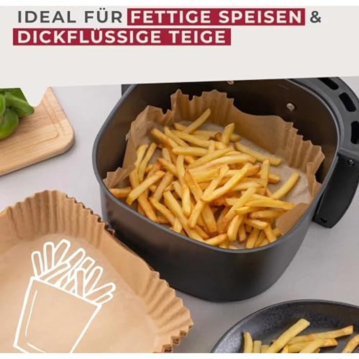 Fackelmann Backpapier für Heißluftfritteuse, 20 x 20 cm, 40-teilig, öl- und wasserfest, hitzebeständig bis 220°C, mikrowellen- und backofengeeignet – Bild 5