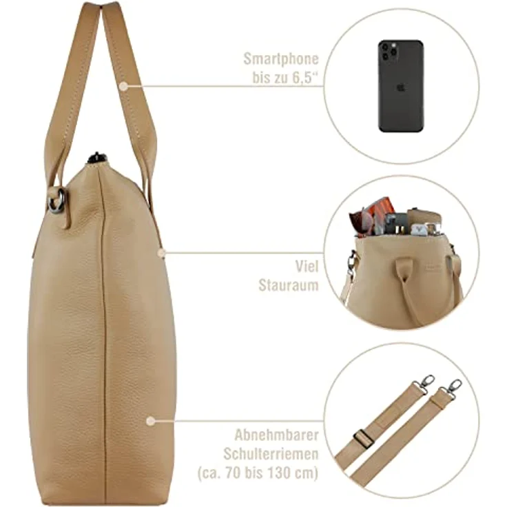 Bugatti Elsa Shopper, hochwertige Tote Bag aus genarbtem Rindleder, Farbe Nude, 38 x 13.5 x 29 cm, inkl. Schultergurt – Bild 4