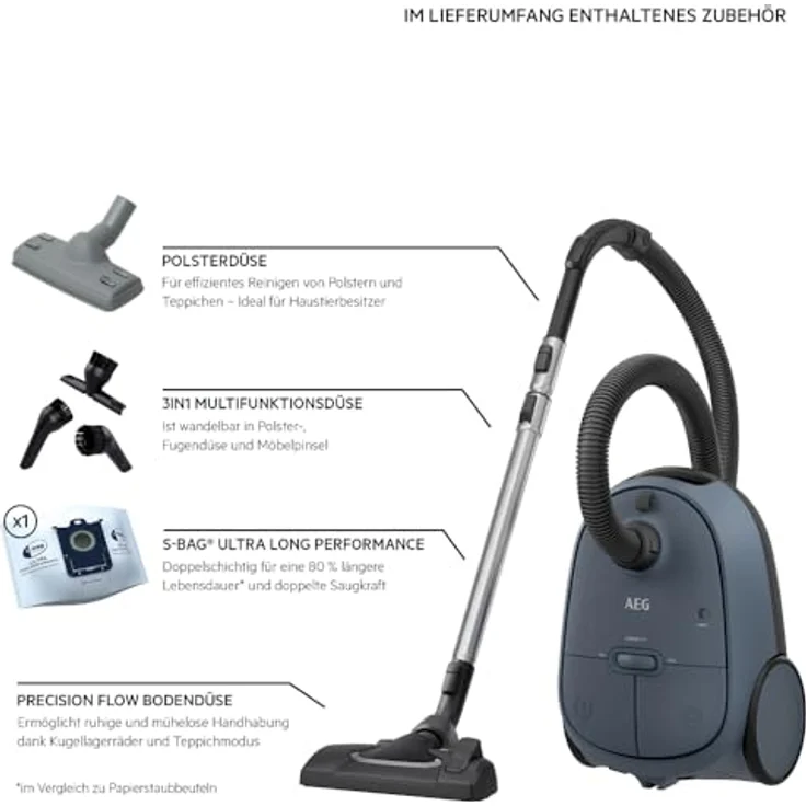 AEG AB61C2DB Bodenstaubsauger mit Beutel, 650 Watt, 12 m Aktionsradius, Denim Blue – Bild 3