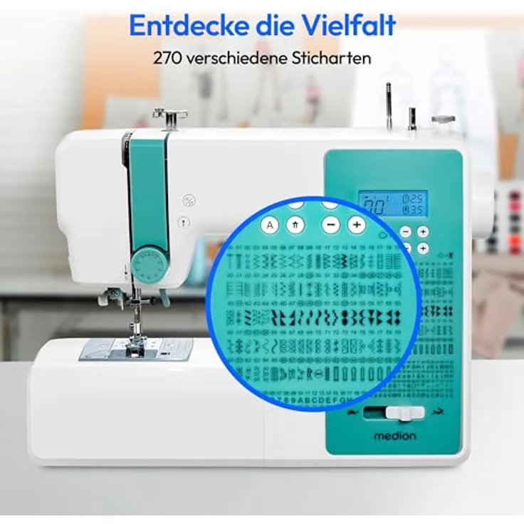 Medion® Computer-Nähmaschine MD 11881, 270 Stichmuster, 1-Schritt Knopfloch, 8 Programme, Doppelnadelfunktion, Automatischer Einfädler, Geschwindigkeitsregler – Bild 4
