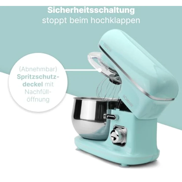 Bomann KM 6030 CB Knetmaschine inkl. transparentem Spritzschutzdeckel mit Nachfüllöffnung, 1100 Watt, 5 Liter, schwenkbarer Multifunktionsarm, Mint – Bild 8