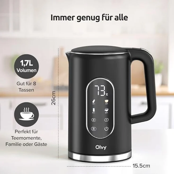 Olvy Wasserkocher mit Temperatureinstellung 1,7L – Edelstahl, LCD-Display, 2200W, BPA-frei, Warmhaltefunktion, Temperaturwahl 40–100°, Kalkfilter, cool touch – Bild 8