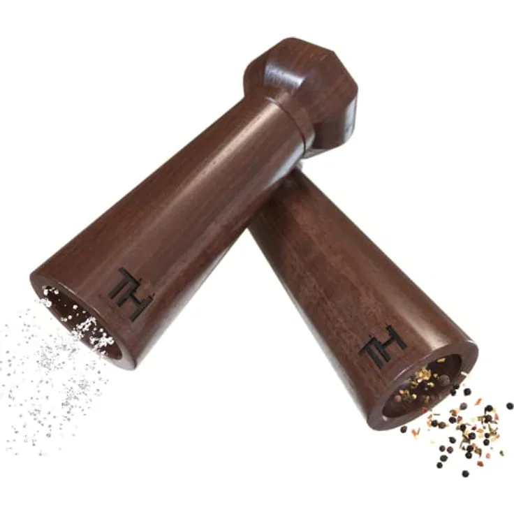 Thiru Profi Salz und Pfeffermühle Set - patentiertes Keramikmahlwerk - inkl. Untersetzer & Reinigungspinsel - Nussbaum Massivholz klein
