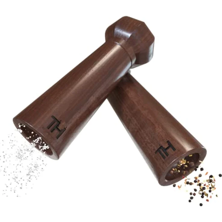 Thiru Profi Salz und Pfeffermühle Set - patentiertes Keramikmahlwerk - inkl. Untersetzer & Reinigungspinsel - Nussbaum Massivholz klein – Bild 1