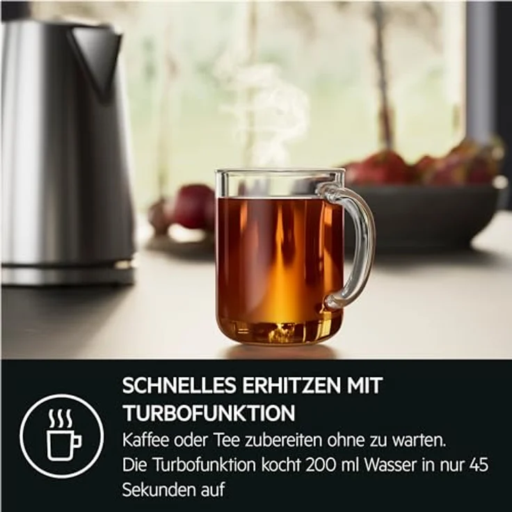 AEG K5-1-6ST Wasserkocher, 2400 Watt, 1,7 Liter, Kalkfilter entnehmbar, Wasserstandsanzeige, Warmhaltefunktion, silber – Bild 5
