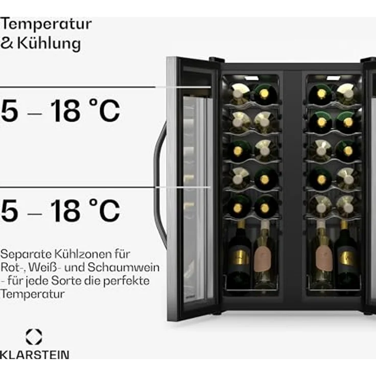 Klarstein Vinamour Weinkühlschrank 24 Flaschen – 2 Zonen, Edelstahl-Doppeltür, Touch-Steuerung, LED, UV-Schutz, freistehend – Bild 3