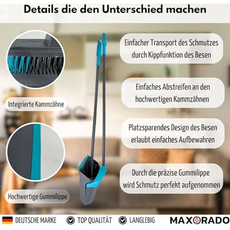 Maxorado Kehrgarnitur Handfeger und Kehrblech Set, 93 cm langer Stiel mit Gummilippe und drehbarem Kehrblech – Bild 5