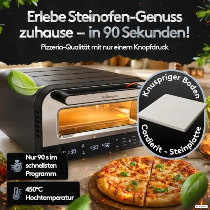 Flammenwerk Pizzaofen elektrisch, 1700 W mit Cordierit-Pizzastein und Pizzaschieber, Schwarz, bis 450 °C, mit Backprogrammen – Bild 2