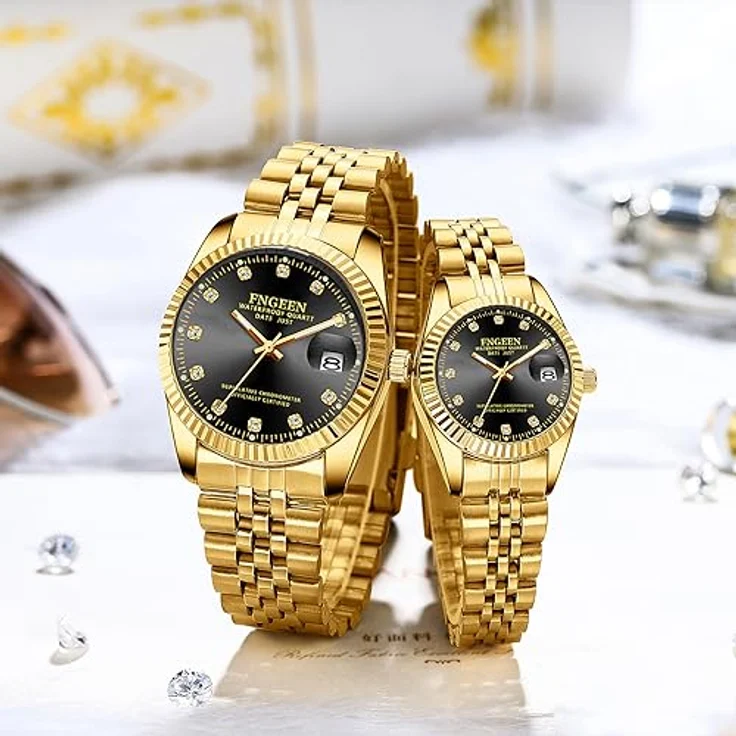 JewelryWe Herren Armbanduhr Edelstahl Gold, 30m wasserdicht, Analog Quarz mit Datum, Schwarz rundes Zifferblatt und Leuchtzeiger – Bild 5