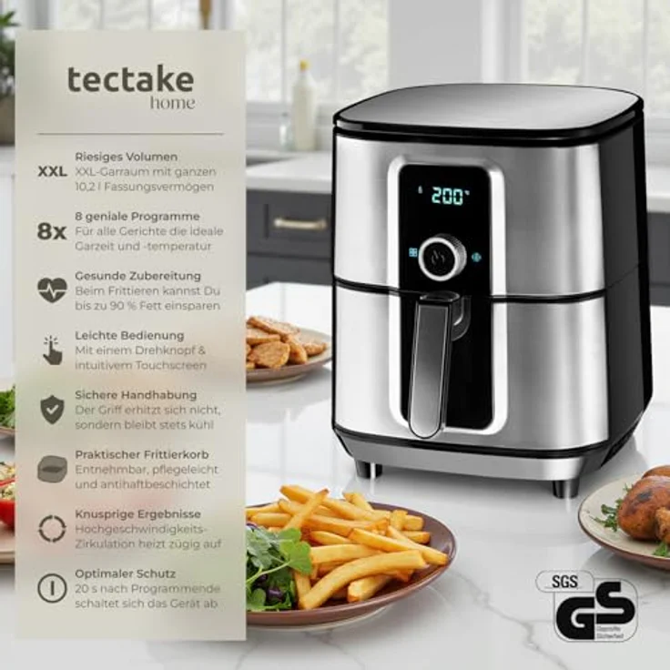 TecTake Ben Heißluftfritteuse, ohne Öl, 1800W, Fassungsvermögen 10,2 l, spülmaschinenfeste Teile, Display, Antihaftbeschichtung, Edelstahl, silber – Bild 3