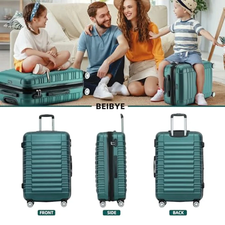 BEIBYE Hartschalen Koffer Trolley Kofferset, 3-teilig (Dunkelgrün) mit Zwillingsrollen, integriertes Zahlenschloss und erweiterbarem Stauraum – Bild 2
