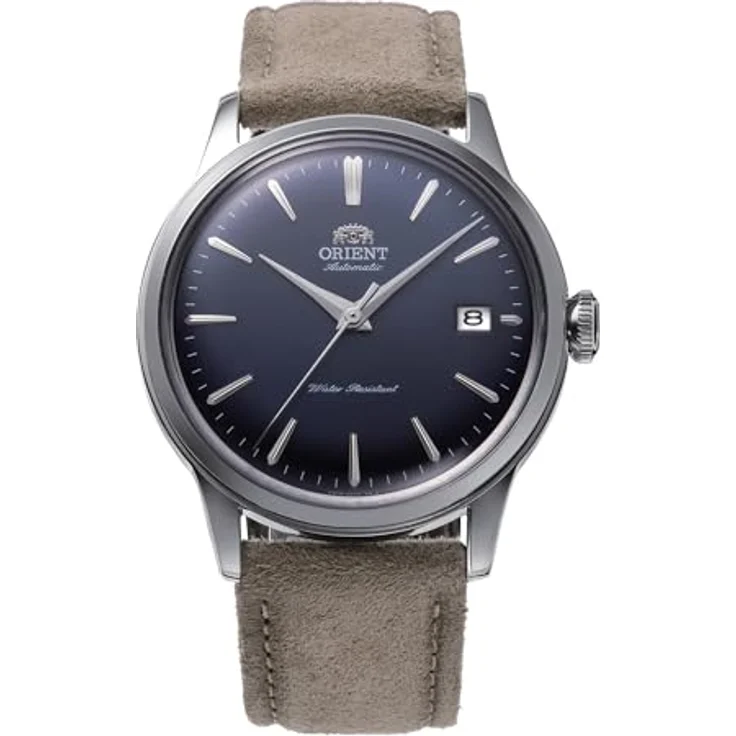 Orient Klassische Uhr RA-AC0M12L, Herrenuhr mit silbergrauem Stahlgehäuse, nachtblauem Zifferblatt und hellbraunem Lederband, mechanisches Uhrwerk mit Datumsanzeige – Bild 1