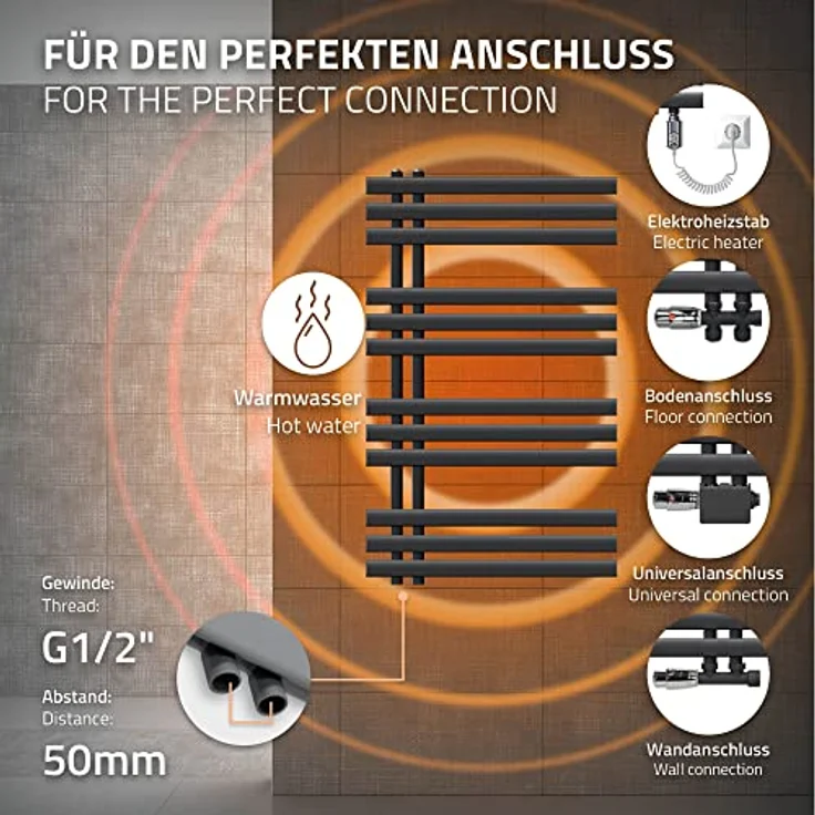 ECD Germany Iron EM Design Badheizkörper Elektrisch mit Heizstab 600 W - 600 x 1000 mm - Anthrazit - Paneelheizkörper Handtuchtrockner – Bild 5