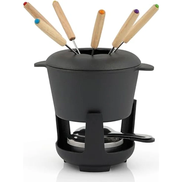 BBQ-Toro Gusseisen Fondue Set für 6 Personen | 1 Liter | Fondueset 13 teilig mit Brenner und Gabeln | Fondue-Set, Käsefondue Set, Fleischfondue Set, Schokofondue Set (schwarz bereits eingebrannt) – Bild 1