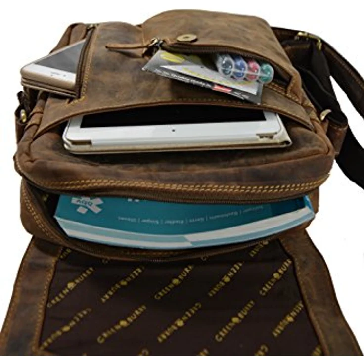 Greenburry Vintage Revolver Bag, braune Umhängetasche aus nachhaltiger Produktion mit großem Hauptfach und drei Frontfächern – Bild 4