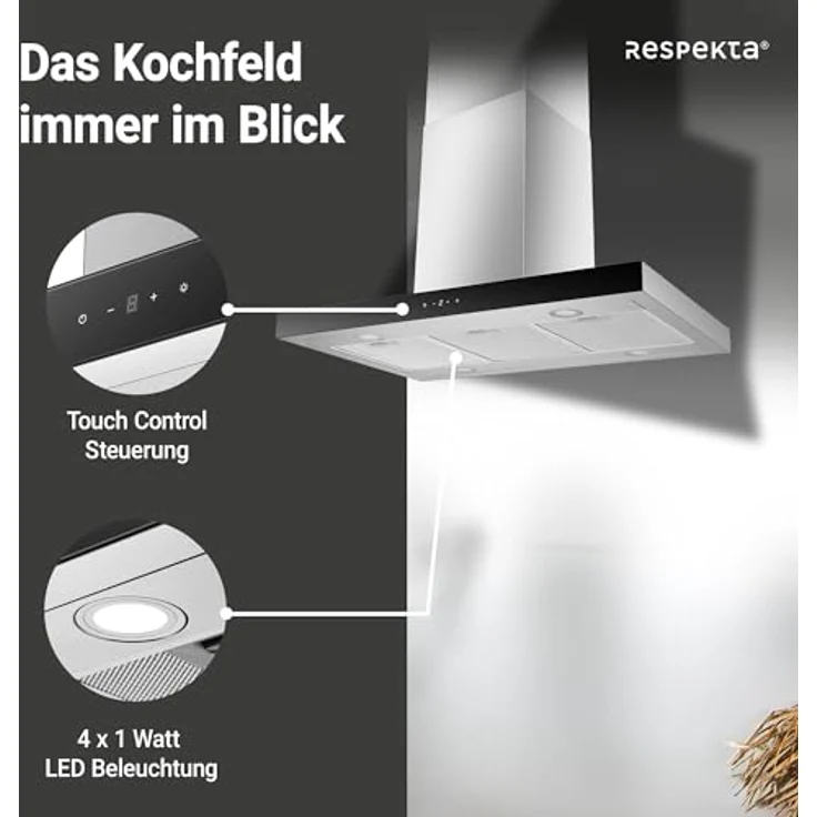 Respekta Dunstabzugshaube CH44199IX-21, Inselhaube aus Edelstahl mit Glasfront, 90 cm, Luftstrom max. 631,7 m³/h, Energieeffizienzklasse A+++, Abluft- und Umluftbetrieb – Bild 3