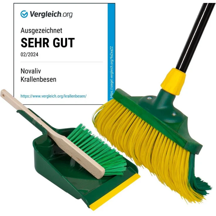 Novaliv Kehrgarnitur, 1-tlg. Krallenbesen mit Stiel, Handfeger und Kehrschaufel für Outdoor-Einsatz, stabiler Holzbesenkopf, Made in Germany