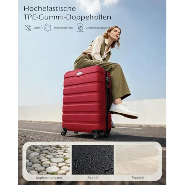 COOLIFE 2-Teiliges Kofferset, Hartschale aus PC+ABS, leicht und robust, 360° Spinner Räder, YKK Reißverschluss, TSA Zahlenschloss, rot – Bild 3