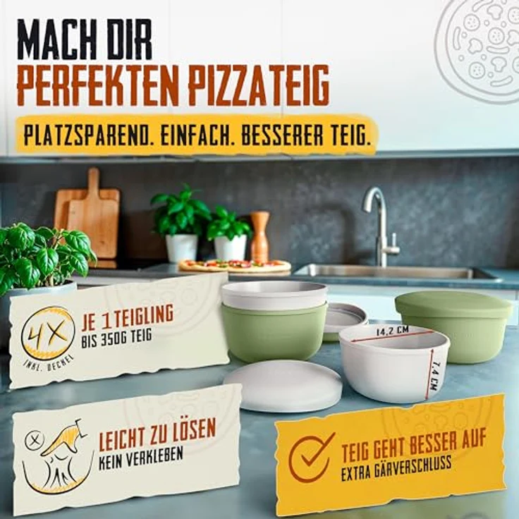 LOEWERK Pizzaballenbox mit Deckel, 4er Set – atmungsaktive Silikon Teigbox für 350g Pizzateig, platzsparend, Olive/Grau – Bild 2