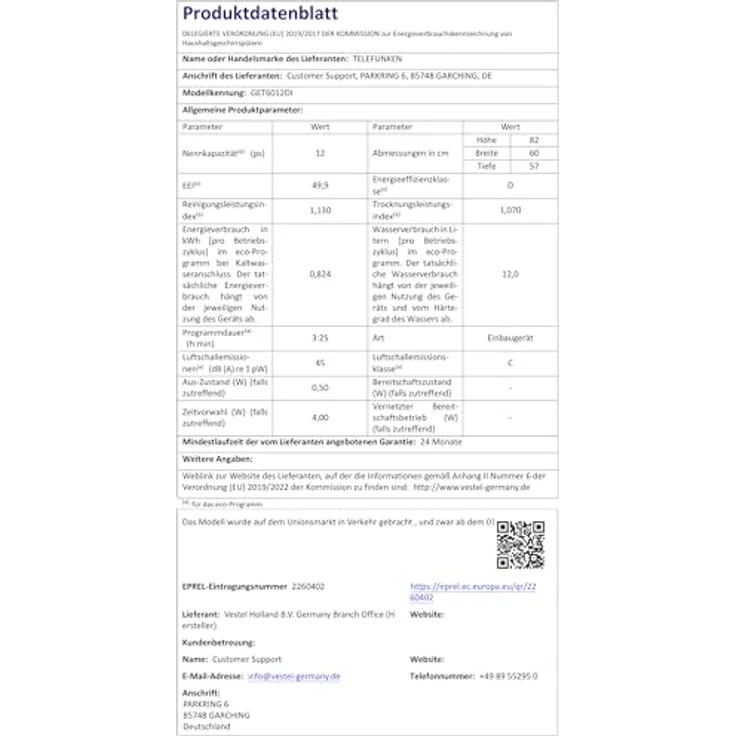 Telefunken GET6012DI, teilintegrierbarer Geschirrspüler 60 cm mit 12 Maßgedecken, 6 Programmen, AquaStop und leiser Betriebslautstärke von 45 dB – Bild 12