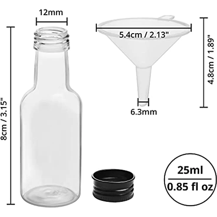 BELLE VOUS Kleine Schnapsflaschen (48er Pack) - 25ml - Wiederverwendbare Kleine Flaschen zum Befüllen aus Kunststoff mit Schwarzem Schraubverschluss, Flüssigkeitstrichter zum Ausgießen & Befüllen – Bild 2