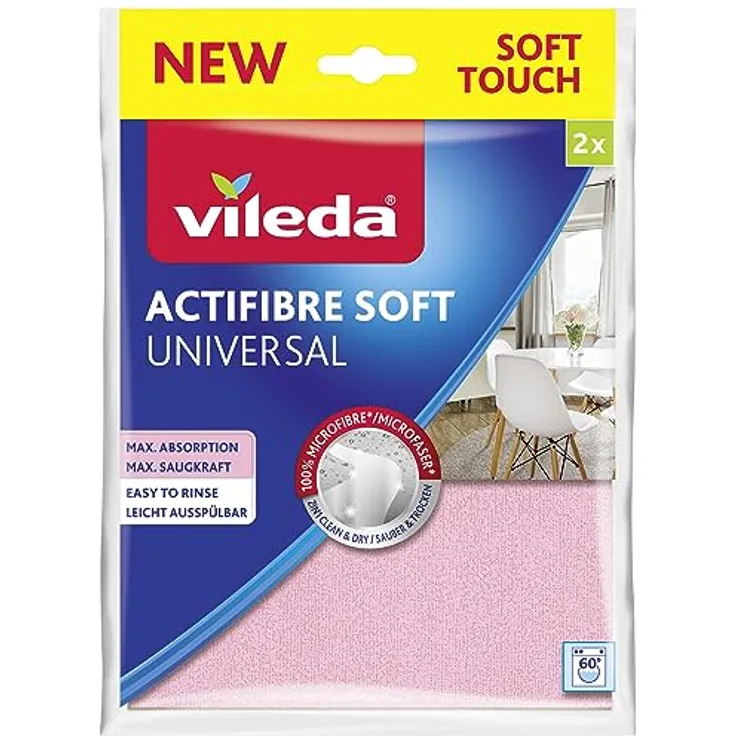 Vileda Actifibre Soft Universal Mikrofasertuch, 100% Mikrofaser für streifenfreie Reinigung, hohe Saugkraft, rosa und grau, 2er Pack