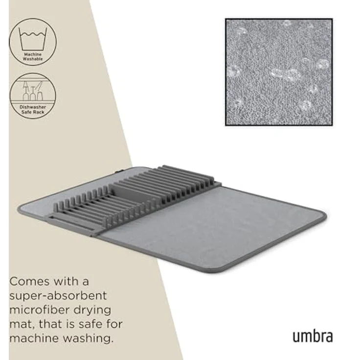 Umbra Udry Geschirr Abtropfgestell und Mikrofaser Abtropfmatte – Faltbar, Platzsparend und Leicht Verstaubar, 60 x 45 cm, Dunkelgrau – Bild 5