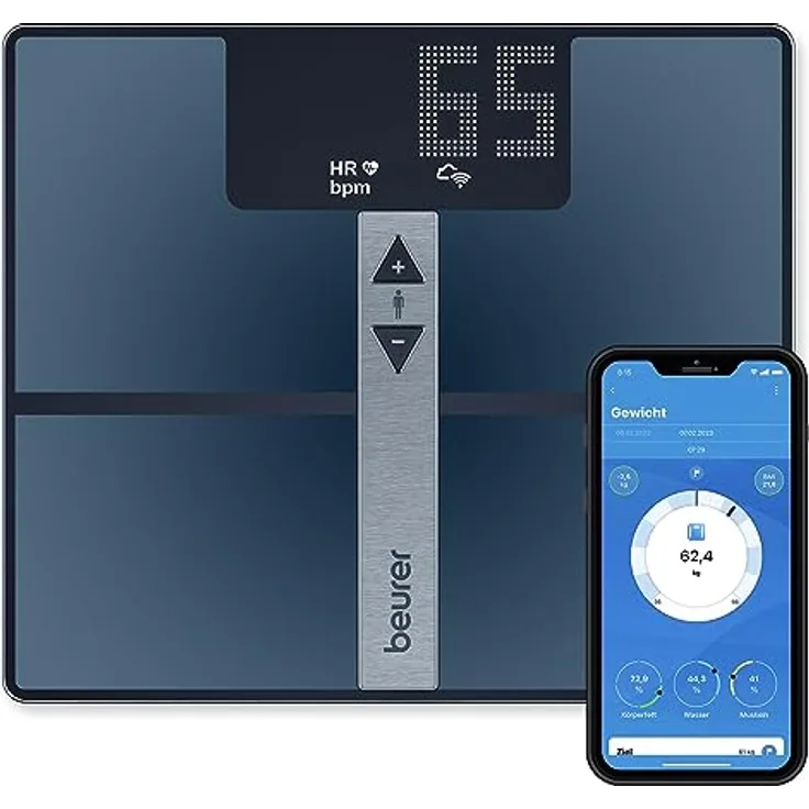 Beurer BF 980 Diagnosewaage mit WIFI und Bluetooth, Analyseaufzeichung und grafische Auswertung der Körperwerte per App, Herzfrequenz-Messung, wiederaufladbarer Akku