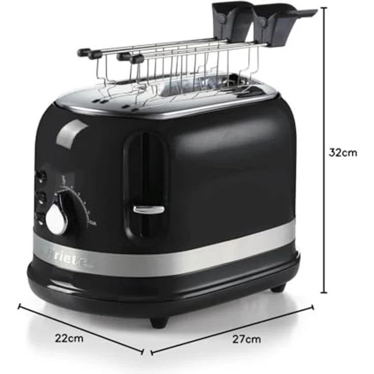 Ariete 149BK 2-Schlitz-Toaster, 815W, automatischer Auswurf, Krümelschublade, Zange, schwarz – Bild 6
