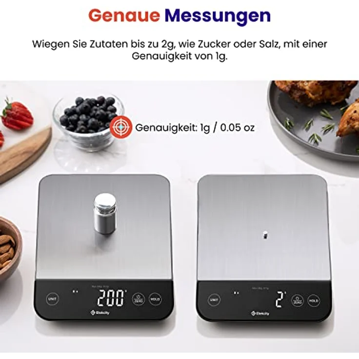 ETEKCITY Küchenwaage digital, Waage Küchenwaage mit größer lebensmittelechter Edelstahl-Platte, USB-Aufladung, wasserdichte 10KG Waage mit LED-Display, hohe Präzision bis zu 1g, Tara-Funktion, Silber – Bild 2