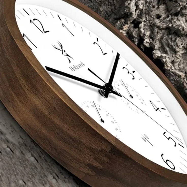 Holzwerk WEGBERG Funk Wanduhr aus Massivholz, 30 cm, mit Temperaturanzeige und Hygrometer, lautloses Uhrwerk, Braun/Buche – Bild 5