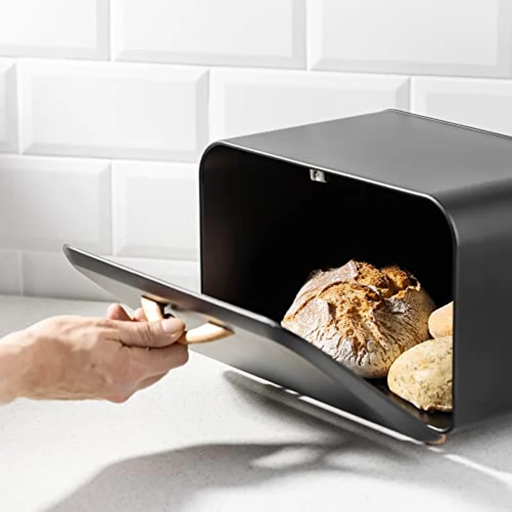 Navaris Brotkasten Brotaufbewahrung Brotbox mit Frontöffnung - Brot Behälter zur Aufbewahrung - Brotdose Brotkorb Brotbehälter aus Metall - Schwarz – Bild 3