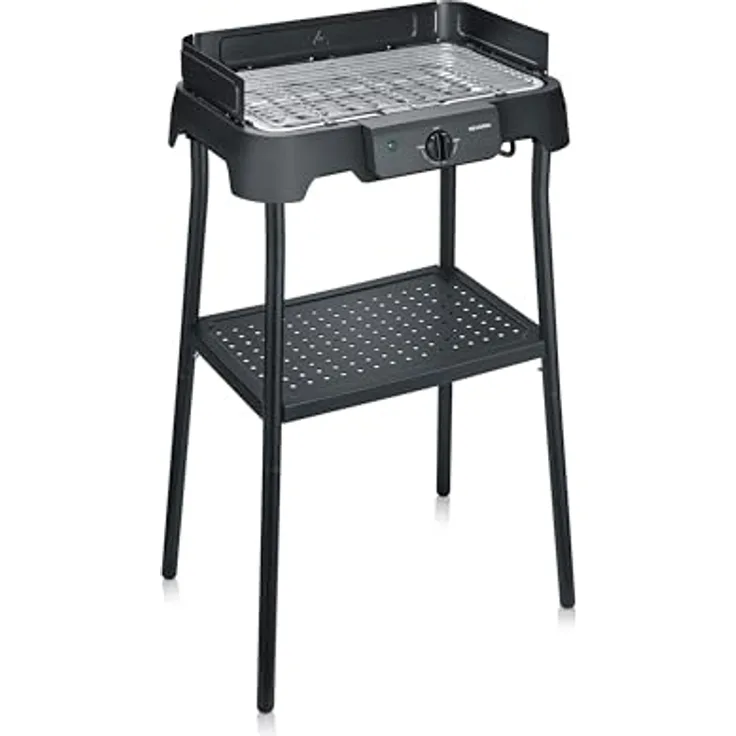 Severin PG 8596 Tischgrill mit Standfuß, Elektrogrill für Innen- & Außennutzung, 2000W, Temperaturen 40-220°C, 39x23cm, schwarze Grillplatte, einfache Reinigung