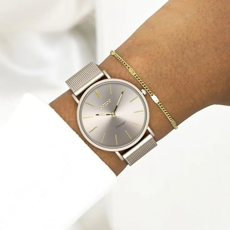 Oozoo Vintage Damen Uhr Taupe/Gold | Moderne Armbanduhr mit Mesharmband für Frauen | Edle Analog Damenuhr in rund C20337 (36mm Gehäuse) – Bild 3