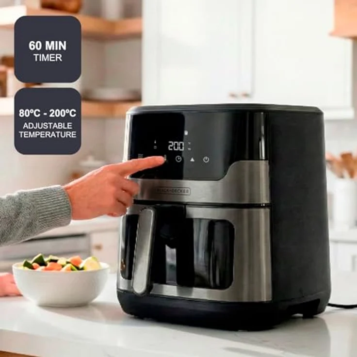 Black+Decker Bxaf8001e Heißluftfritteuse, 1700 Watt, digitaler Touchscreen, 8 Automatikprogramme, ölfreies Kochen, Sichtfenster, EU Plug 220V – Bild 3