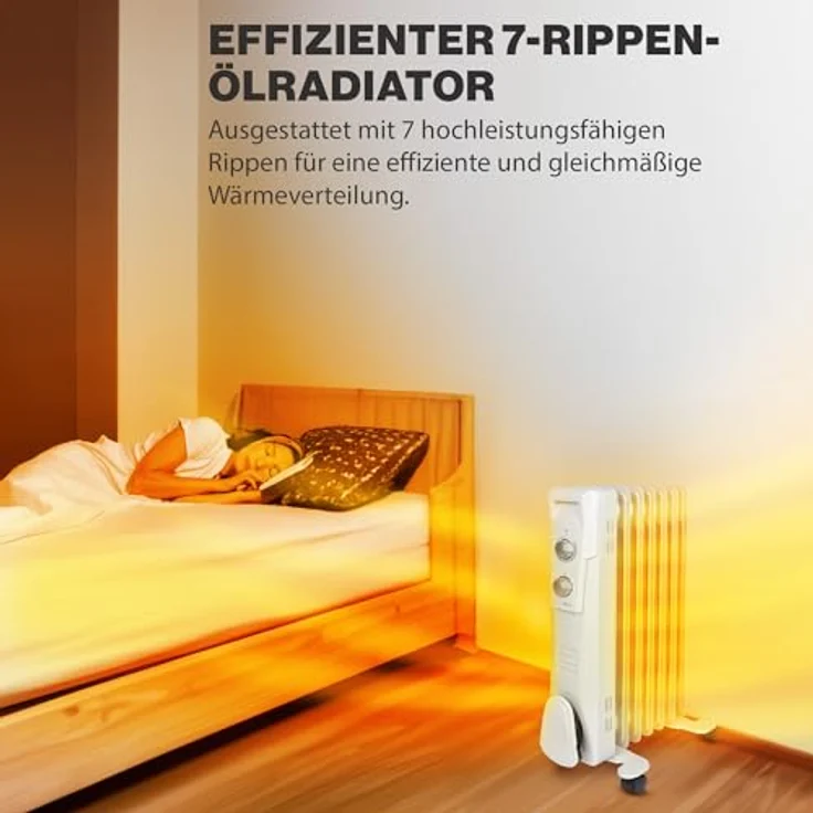 Clatronic RA 3735 7 Rippen-Ölradiator, mobiler Heizkörper bis 1500 Watt, Wärmeregulierung über stufenlosen Thermostatregler, Flexibler Einsatz durch 4 Leichtlaufrollen, Slimline-Bauweise, weiß, Radiator – Bild 3