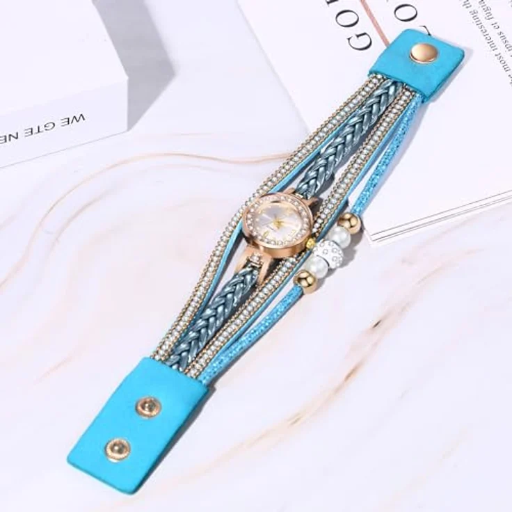 JewelryWe Vintage Damen Armbanduhr, Analog Quarz mit blauem Glitzer Strass, geflochtenem Lederarmband und Kugel Perlenarmband, 10m wasserdicht – Bild 3