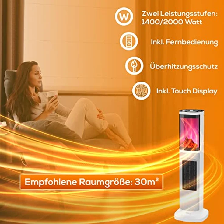 TroniTechnik® Infrarot Turm-Keramik-Heizer Elektro-Heizer 2000 Watt, Heizstrahler Standheizstrahler PTC Keramikheizelement mit Fernbedienung, Kamineffekt, Oszillation, Timer, Umkippschutz, bis 45°C – Bild 4