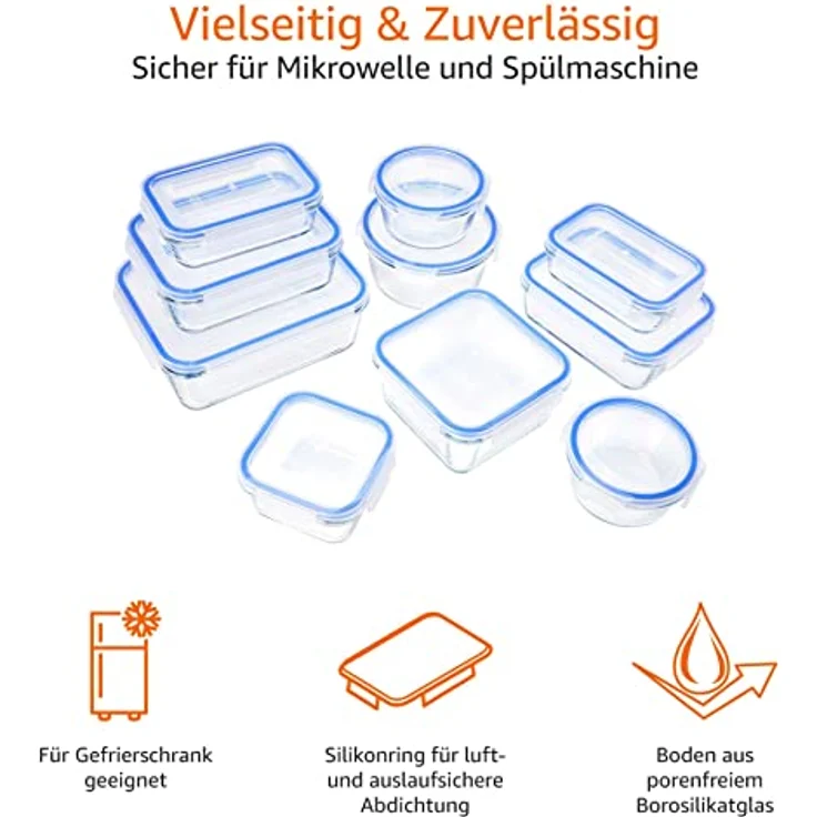 AmazonBasics Glasbehälter für Lebensmittel, mit Deckel, 20 -teiliges Set10 Behälter + 10 Deckel, BPA-freie – Bild 3