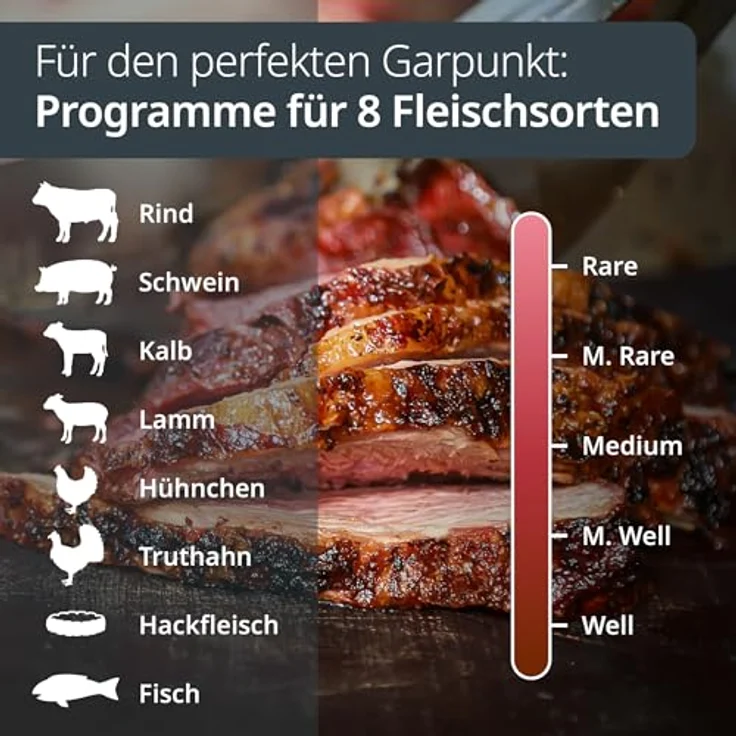 ADE Digitales Fleischthermometer mit 1 Sonde, Bratenthermometer bis 250 °C, ideal für Ofen, Grill und Airfryer, präzise Kerntemperaturmessung für 8 Fleischsorten, Timerfunktion, magnetische Befestigung – Bild 2