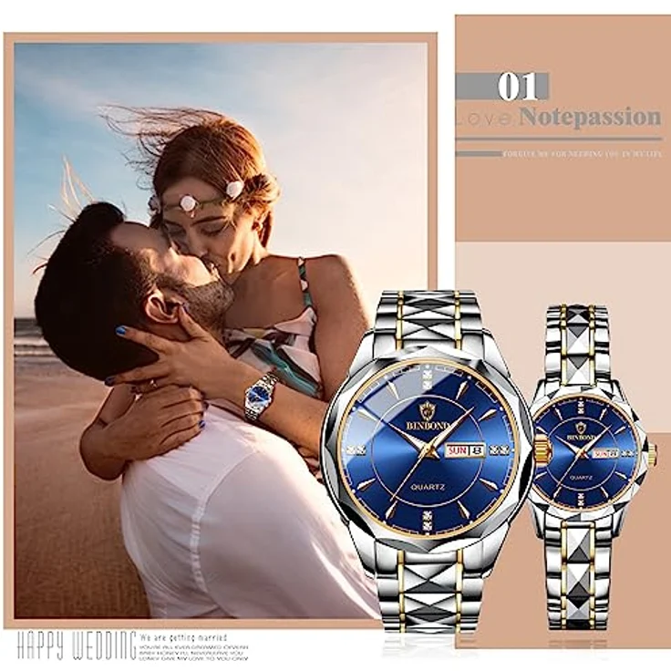 JewelryWe Paar Uhren Edelstahl, 2 Stück Blau Analog Quarz Pärchen Armbanduhr mit leuchtenden Zeigern, Datum- und Wochenanzeige, 30m wasserdicht – Bild 5