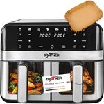 Grafner XXL Digitale Heißluftfritteuse 2 Kammern, 9 L, 2400 Watt, Edelstahl, Touchscreen, 8 Programme, Sync- und Dual-Funktion, Shake-Reminder, inkl. 100x Backpapier