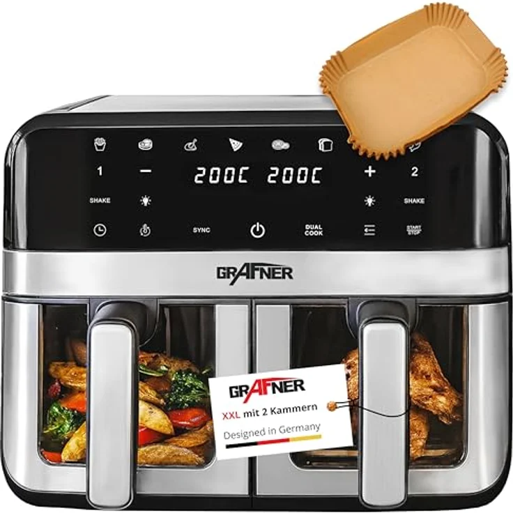 Grafner XXL Digitale Heißluftfritteuse 2 Kammern, 9 L, 2400 Watt, Edelstahl, Touchscreen, 8 Programme, Sync- und Dual-Funktion, Shake-Reminder, inkl. 100x Backpapier – Bild 1